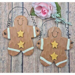 Cute Lot of 2 Large 7" Wooden Gingerbread Man Ornaments Rustic Old Time Look